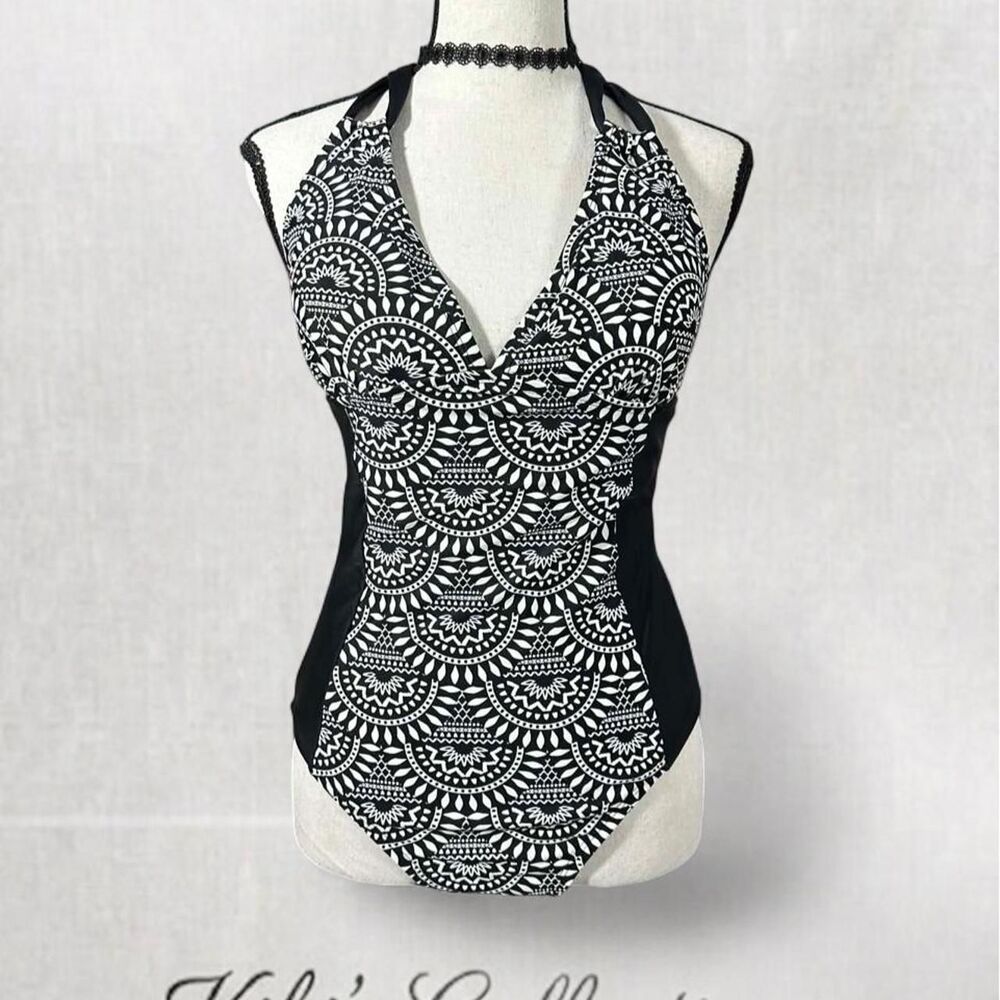 Goth Alt Style Black and White Mandala Pattern One Piece Bathing Suit